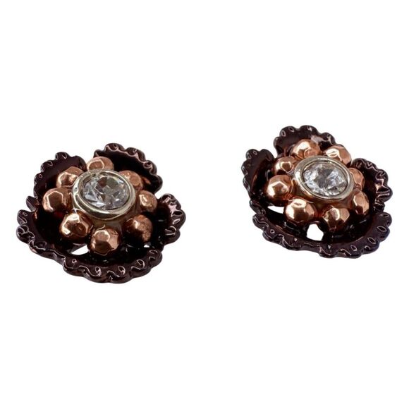 Rose Gold Rhinestone Flower Stud Earrings .25" Pierced - Picture 4 of 8